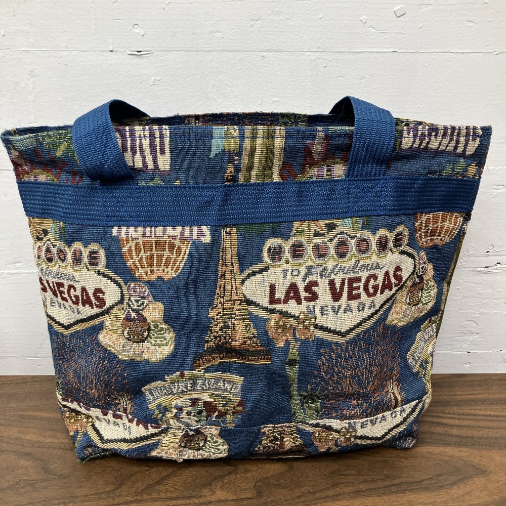 Vintage Las Vegas Souvenir Tapestry Tote Bag Casino Print Zippered Travel Purse